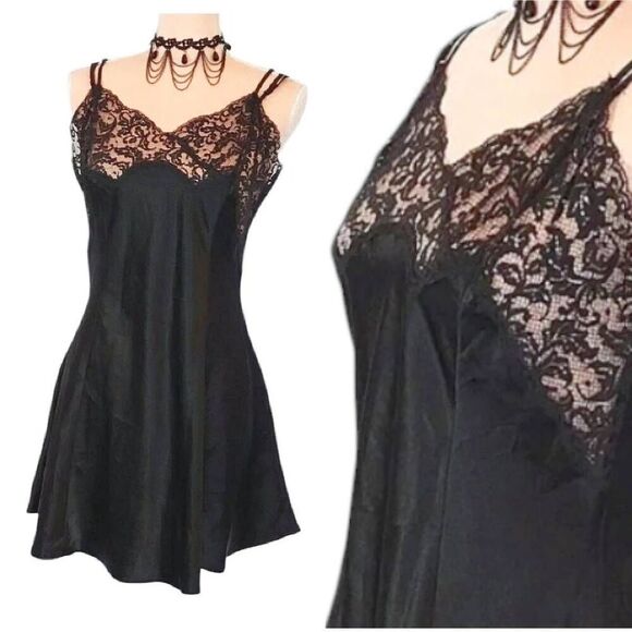 Victoria's Secret Other - Victoria's Secret 90s Black Satin Strappy Lace Top Chemise Slip Large